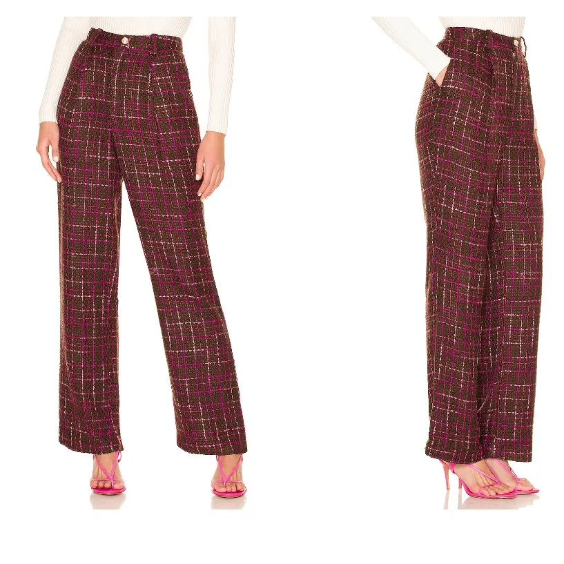 MAJORELLE Bernadette Pant XS Pink Chocolate Plaid Tweed Textured Modern Chic - Image 3