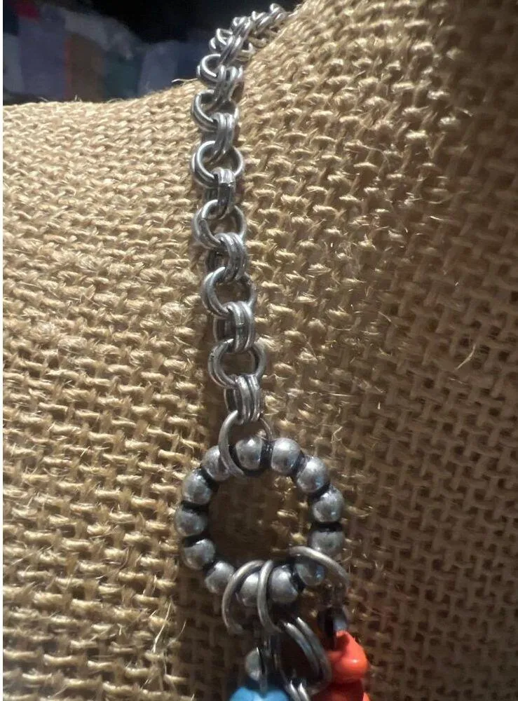 Silver Tone Multi Strand Necklace Southwestern Orange Blue White Layered Adj 18" - Image 3