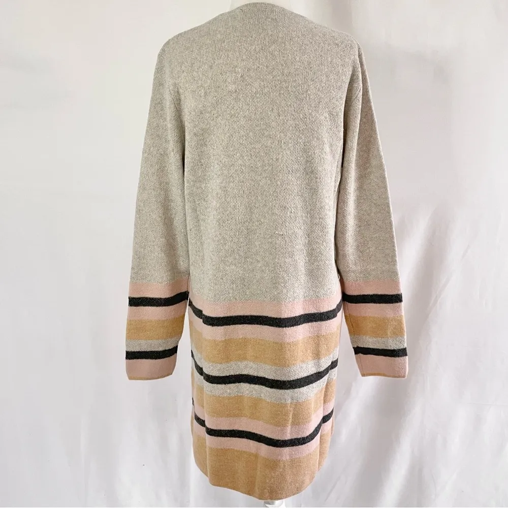 Striped Open Front Long Cardigan Grey Brown Pink Size Medium - Image 8