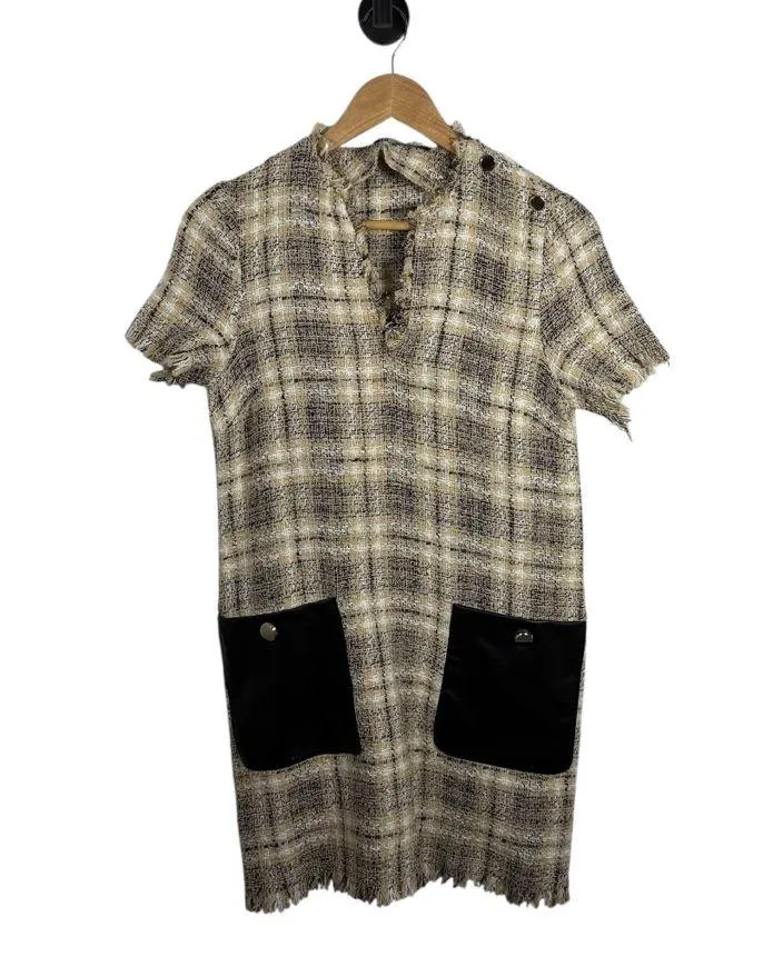 Zara Women’s Tweed Plaid Leather Pocket Shift Mini Dress Beige Size XS - Image 5
