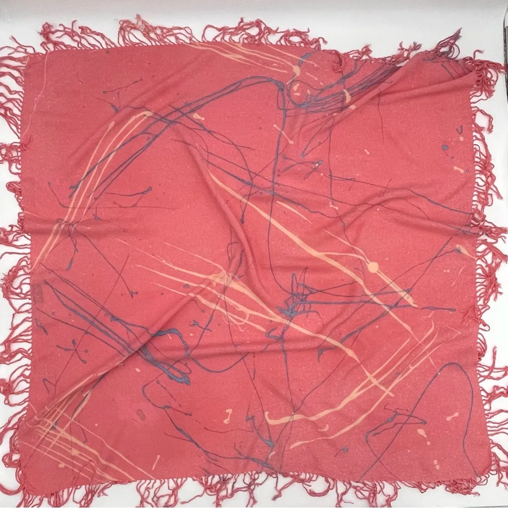 Splatter Paint Scarf Pink Fringe Eclectic Square Art to‎ Wear Funky Colorful - Image 9
