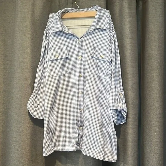 J. McLaughlin  blue white plaid button down top spandex - Image 4