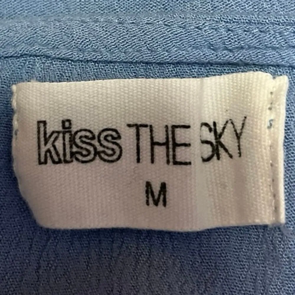 Kiss The Sky Blue Plunge V-Neck 3/4 Bell Sleeve Lace Crochet Jumpsuit Romper M - Image 4