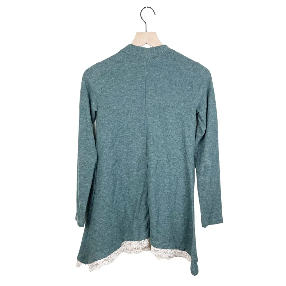 LOGO by Lori Goldstein Sage Green Waffle Knit Lace Hem Cardigan Sweater Size XS - Image 2