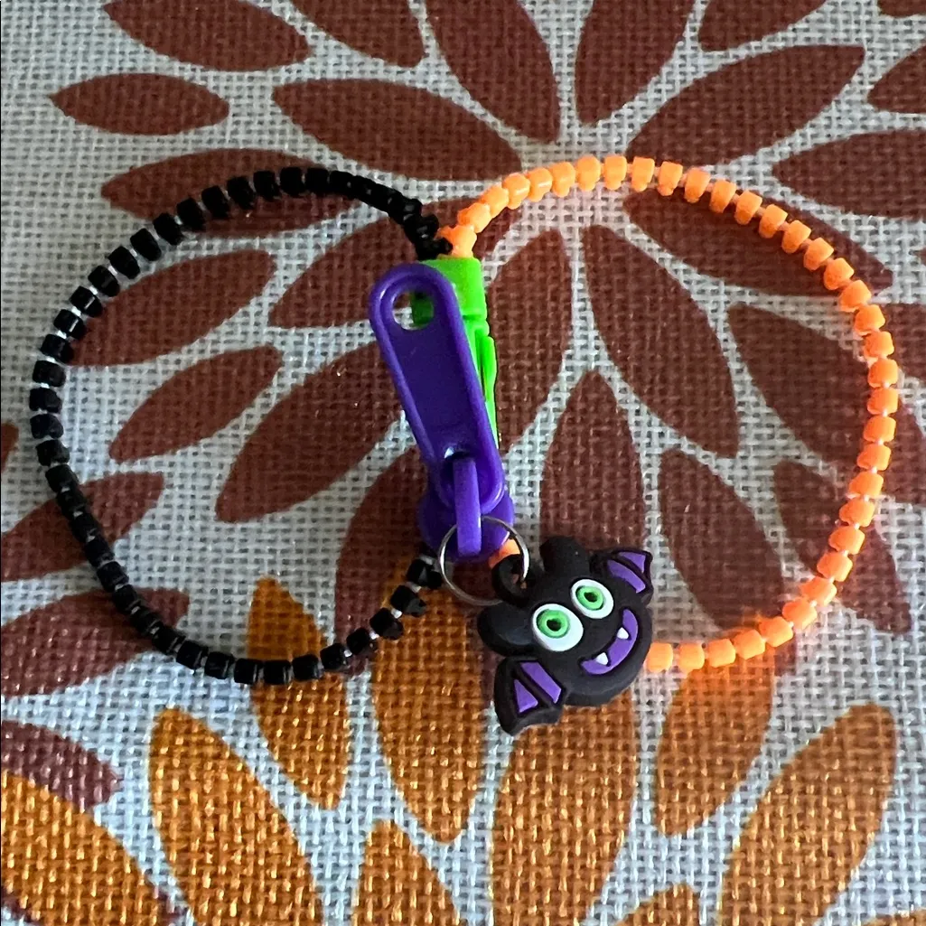 Halloween Zipper Bracelet with Bat Charm Orange - Image 3