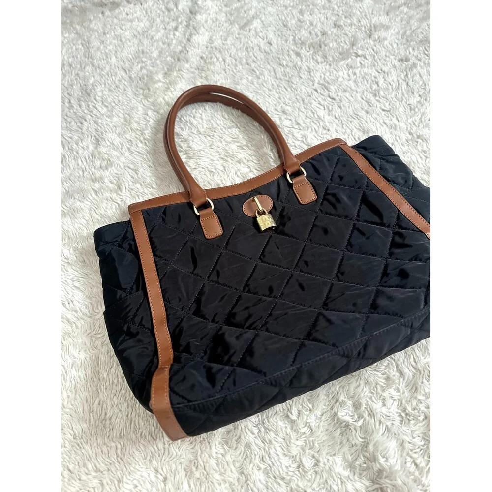 Talbots Leather Trim Black Quilted Large Tote Bag Work Office Laptop Bag Purse - Image 2