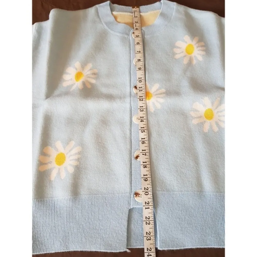 Womens Sweater Cardigan Ribbed Neckline Floral Daisy Blue Artsy Grandmacore XL Multiple - Image 10