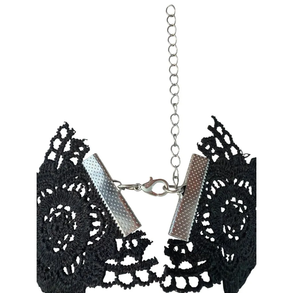 Steampunk Black Lace Choker Necklace Compass Key Charms Metal Gears Adj 15.5" - Image 4