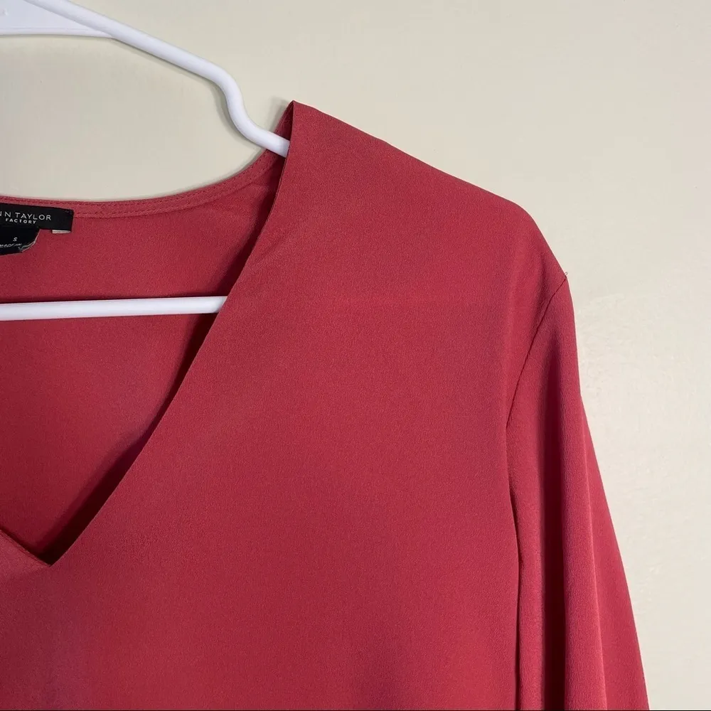 Ann Taylor deep coral vneck blouse long sleeves business casual women’s top - Image 2