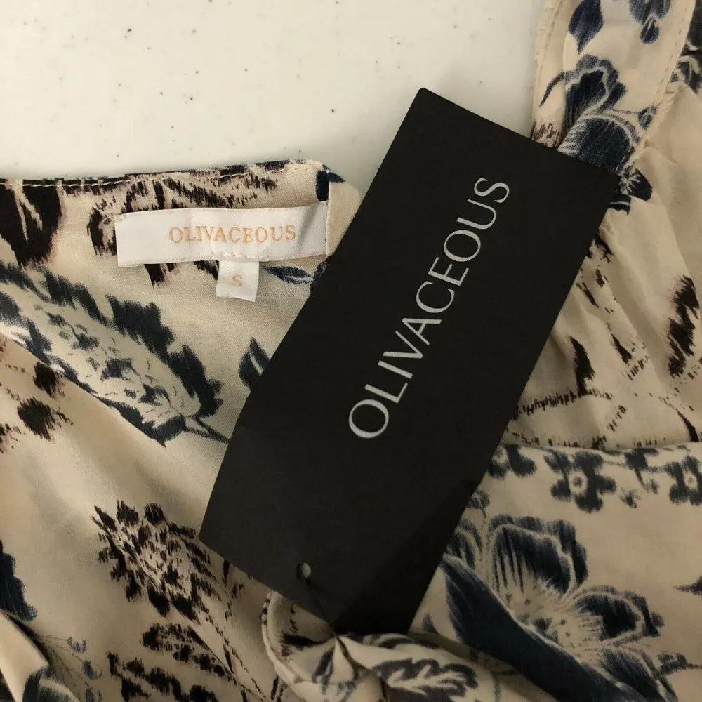 Olivaceous Womens Crop Top Puff Sleeve Tie Front V Neck Floral Ivory Black S - Image 3