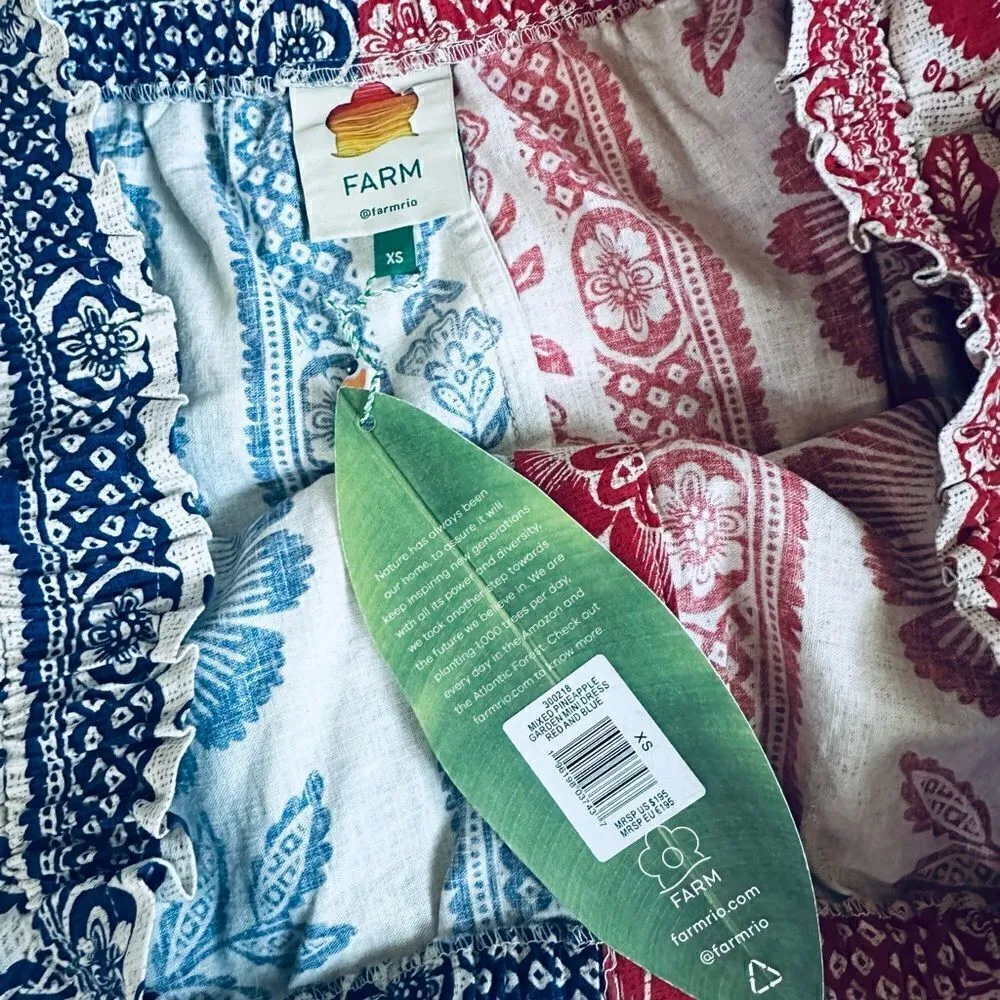 NWT Farm Rio Mixed Pineapple Garden Linen Blend Red & Blue Tie Waist Mini Dress - Image 8