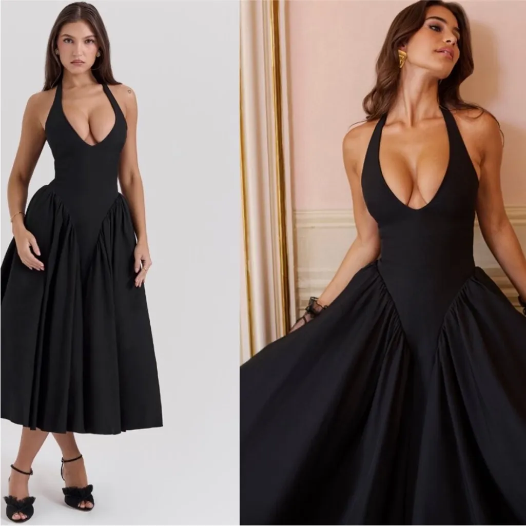 HOUSE OF‎ CB 'Marilyn' Black Twill Halter Midi Dress NWOT size M - Image 2