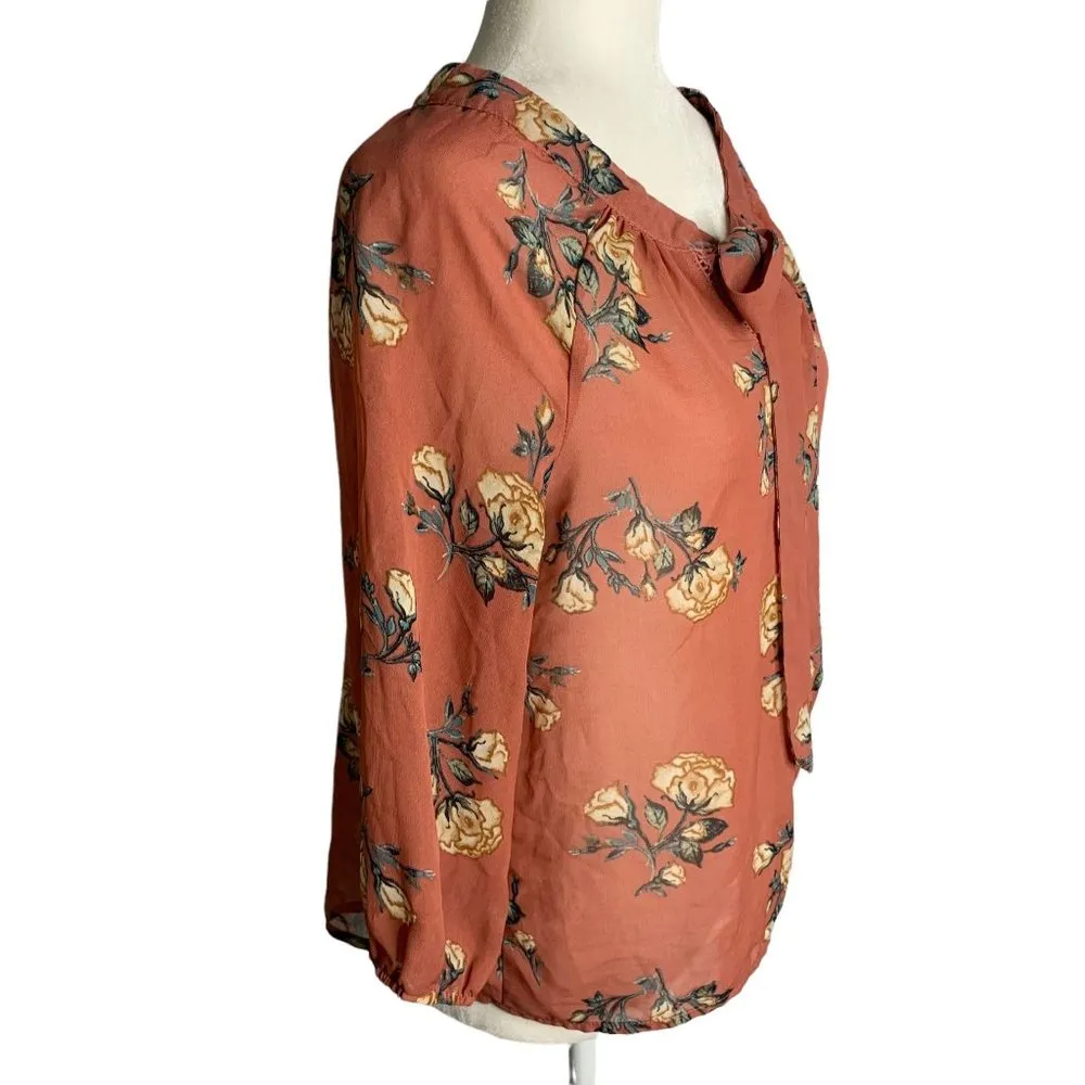 Milk & Honey Boho Floral Blouse M Dark Pink Tie Neck Sheer Balloon Sleeves - Image 6