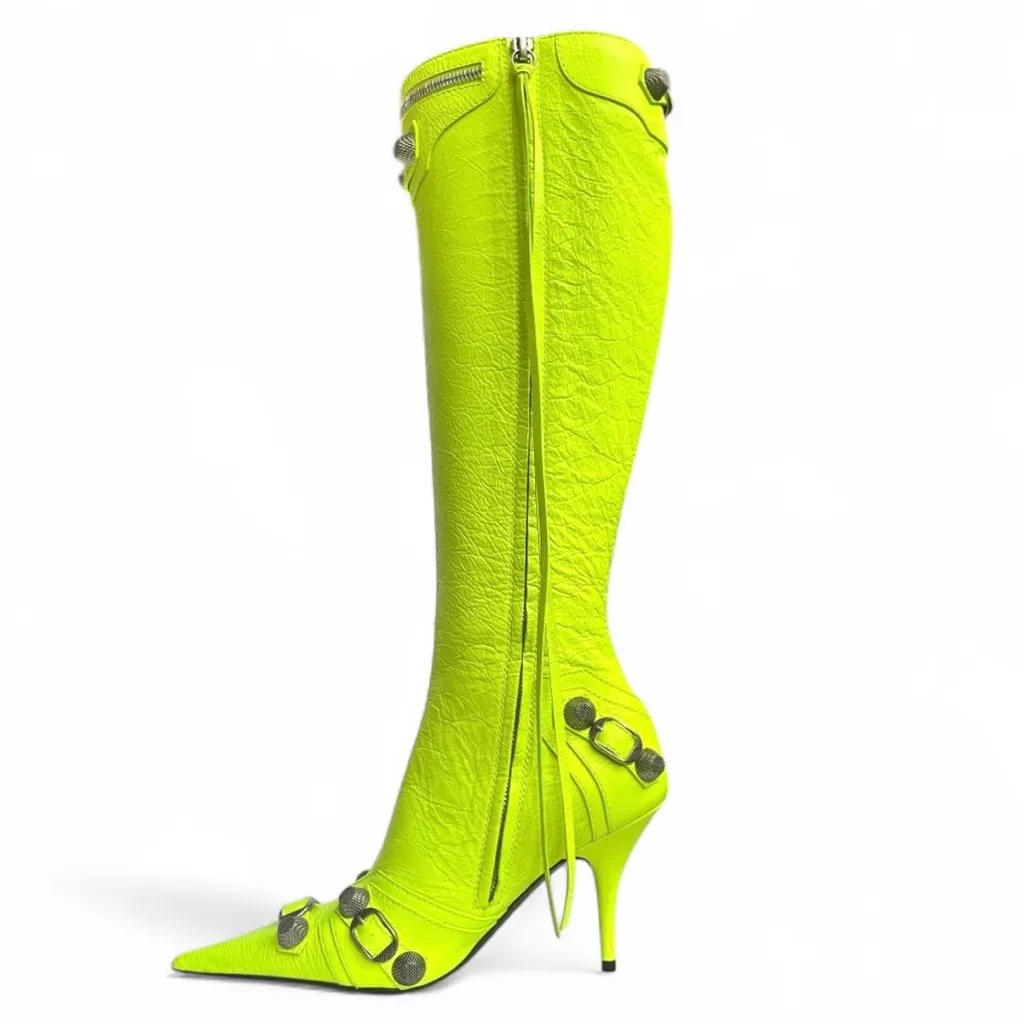 Balenciaga Cagole Leather Knee High Boots Fluorescent Yellow 90 mm Heels US 6 - Image 3