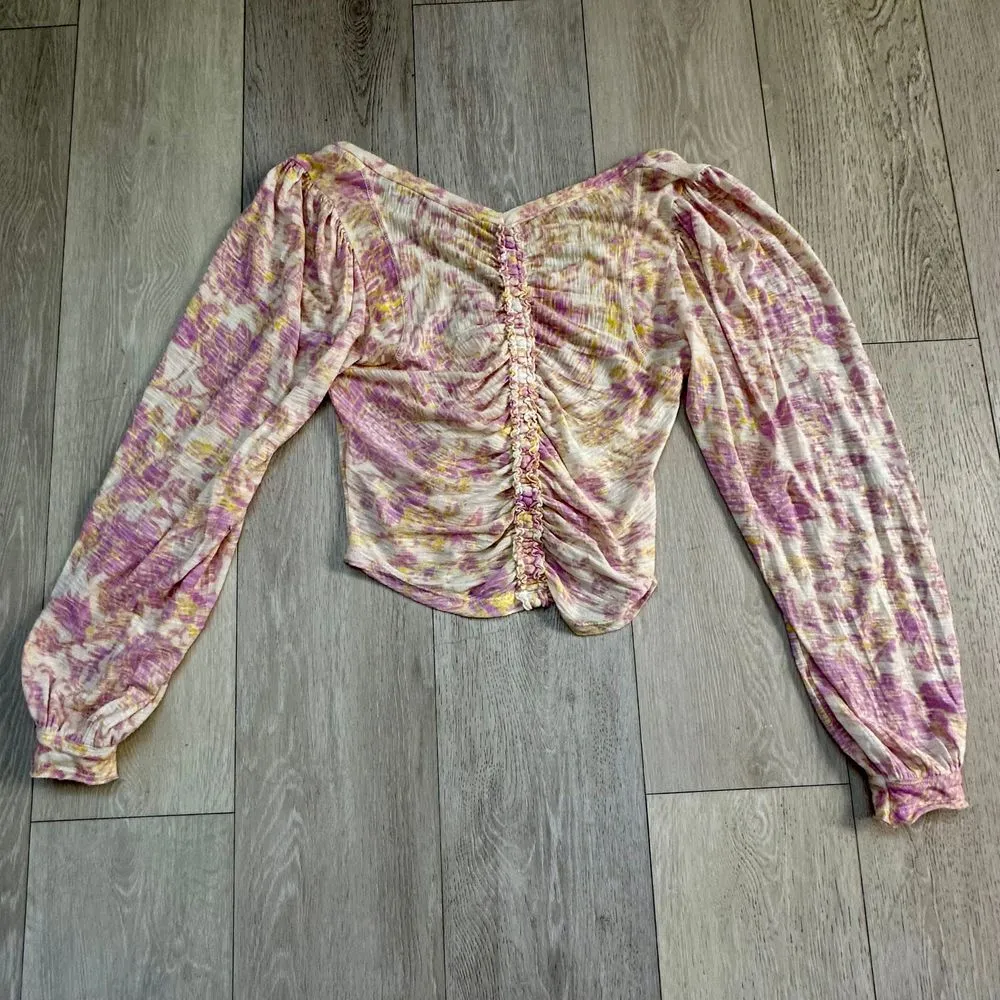 Free people fall long sleeve boho ruching crop top cotton floral neutral size xs - Image 6