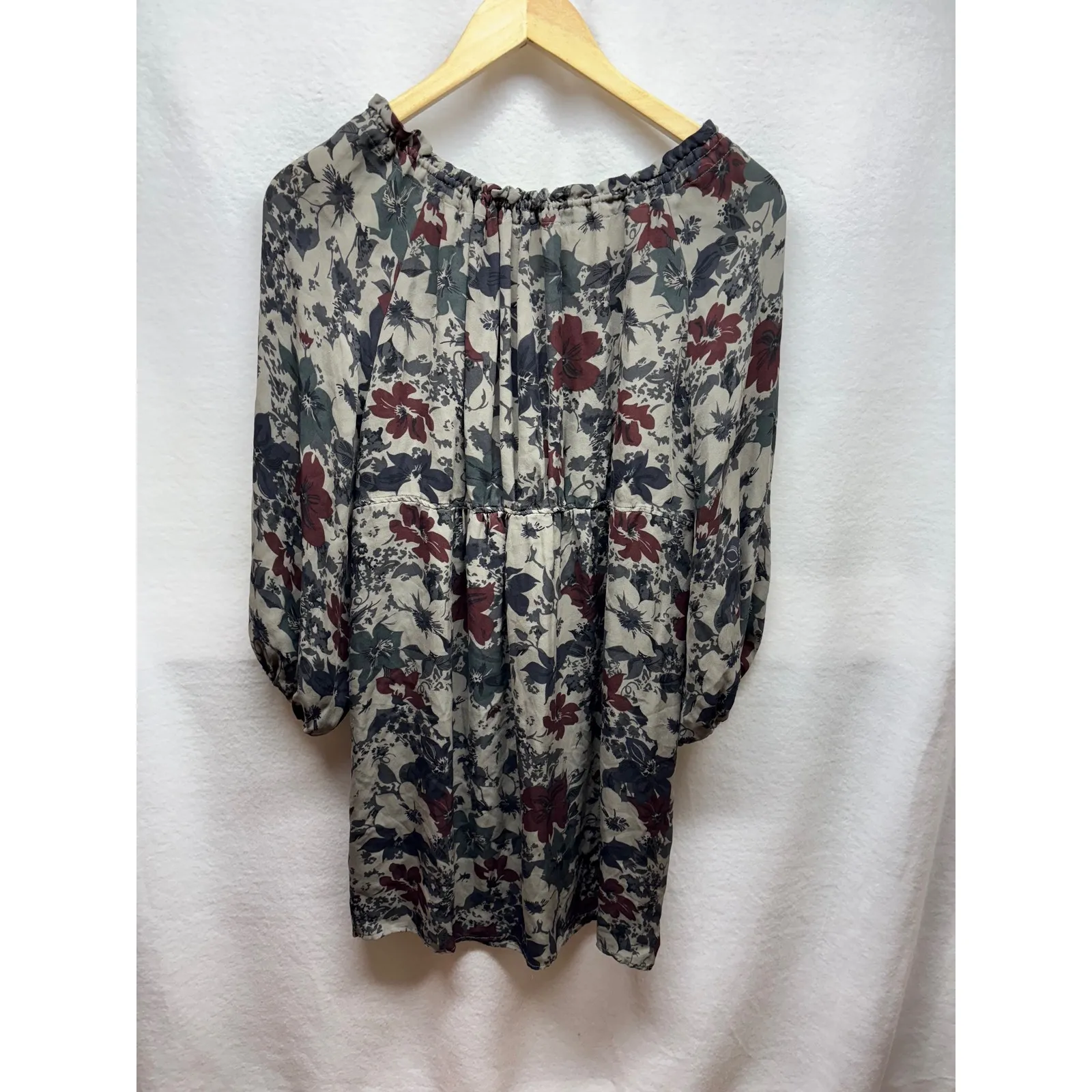Joie Floral Print Silk Blend Dress Long Sleeve Bohemian Mini‎ Beige Gray Medium - Image 5