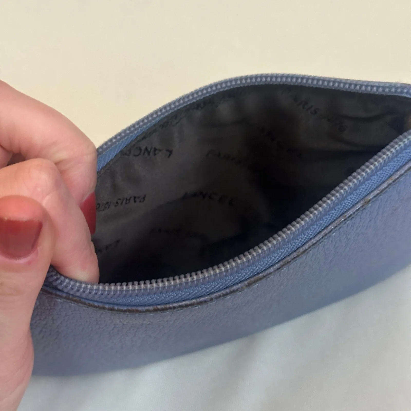 Lancel Paris Mini Pouch Periwinkle Purple Blue Grain Leather Cosmetics / Camera - Image 6