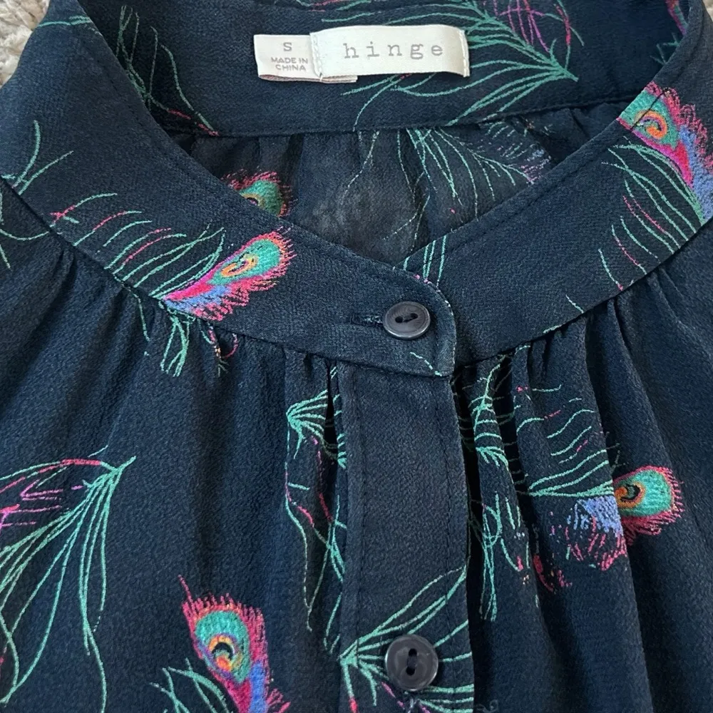 Hinge 100% Silk Peacock Button Blouse Handkerchief Hem Small Sheer Blue Green - Image 6