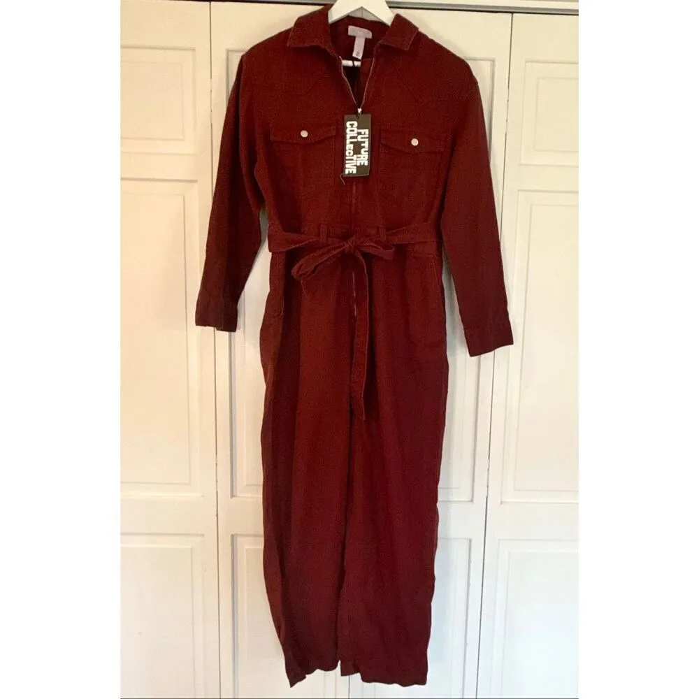 Future Collective NWT maroon cotton long sleeve jumpsuit size small Red - Image 4