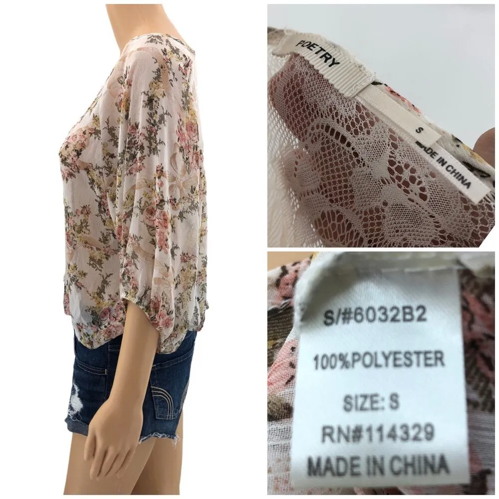 Poetry SMALL Cream Peach Floral Sheer Lace Back Peasant Boho Blouse Crop Top - Image 5