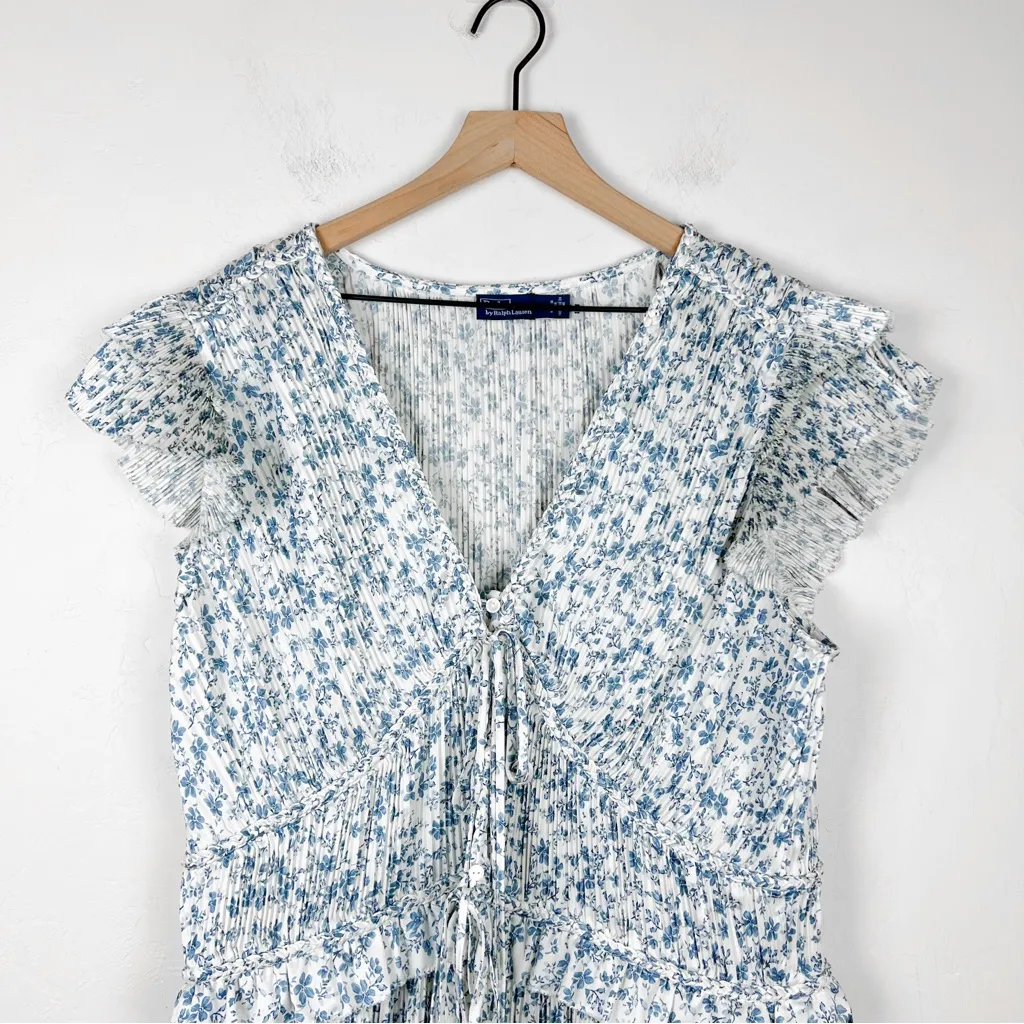 Polo Ralph Lauren Olea Floral Plisse Satin Blue White Floral Pleated Midi Dress - Image 7