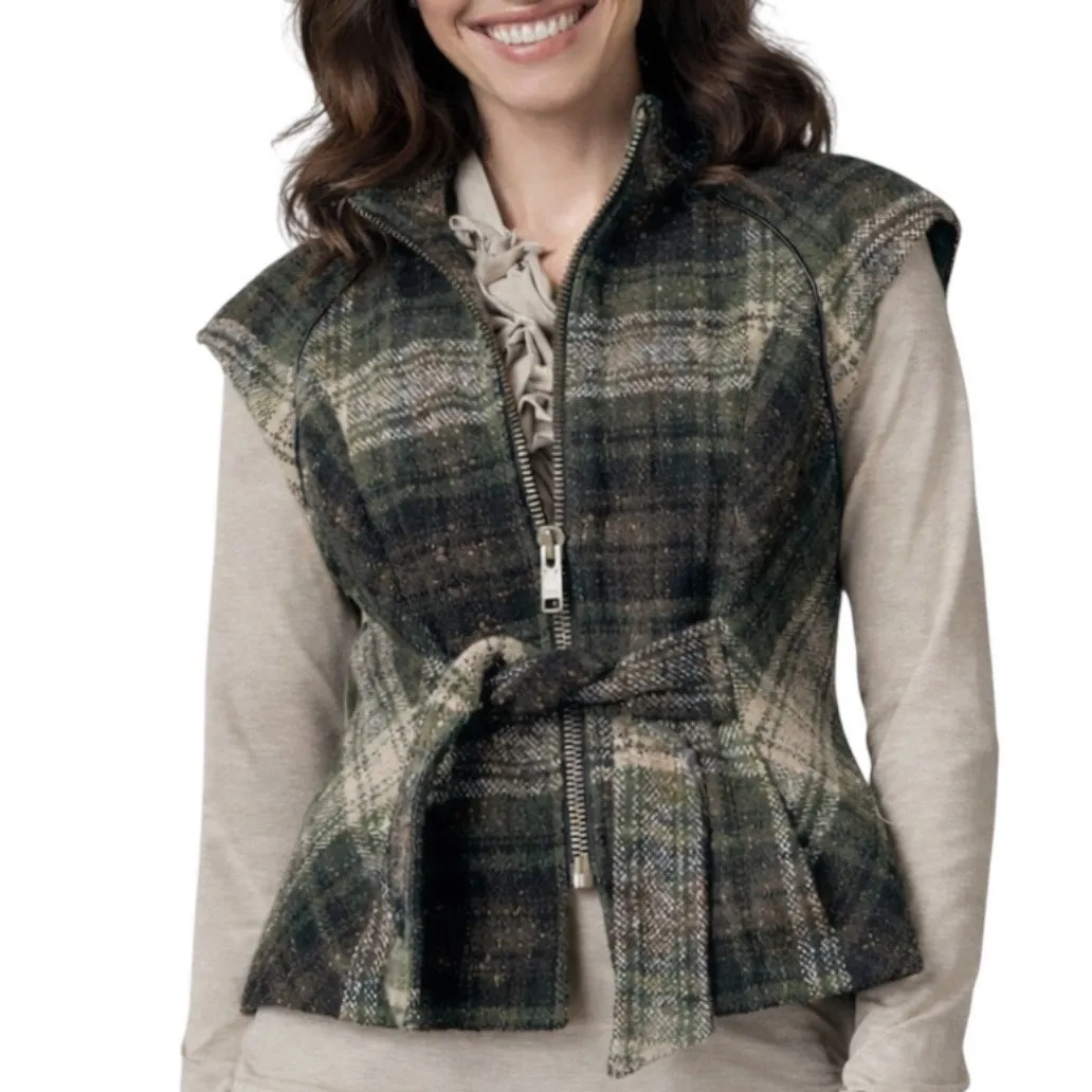 CAbi Vest 611 All Tied Up Zip Front Belted Olive Green Plaid Women’s Size Medium - Image 9