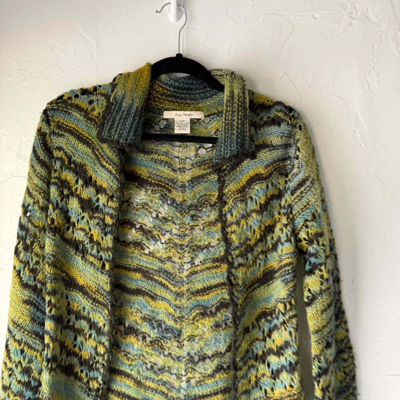 Free People Wool Blend Knit Cardigan Open Front S/P Green Yellow Boho‎ Layer - Image 3