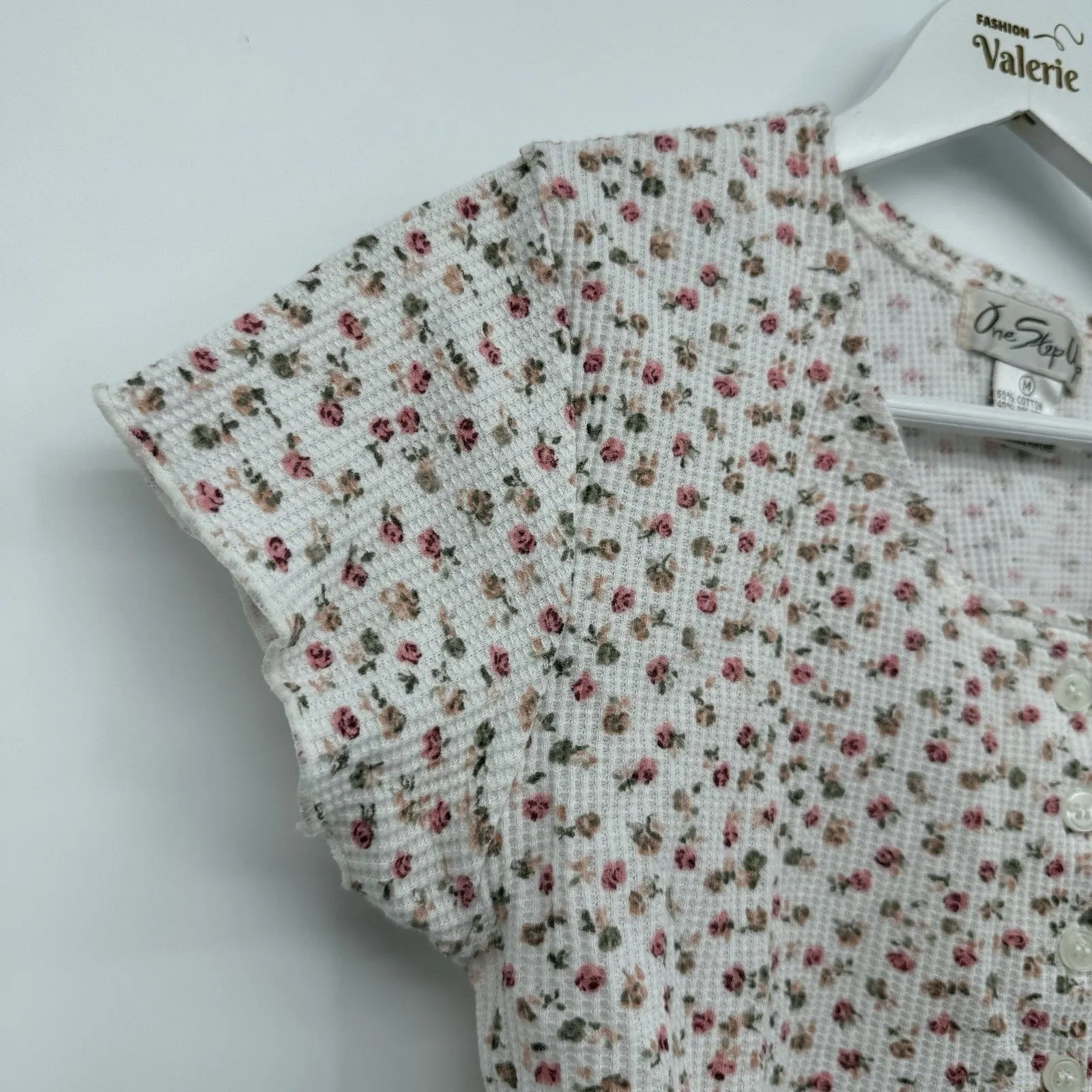 One Step Up  Multicolor Floral Waffle Knit Cropped Top Cotton Medium Y2K - Image 3