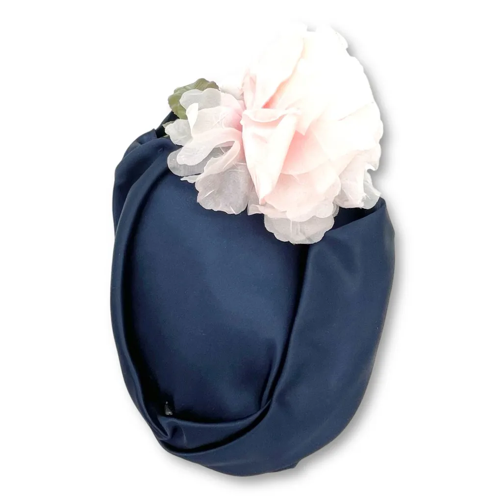 Vintage 1950s Navy Blue Hat Pink Flower Trim Size 22 1/2 Pillbox Fascinator - Image 12