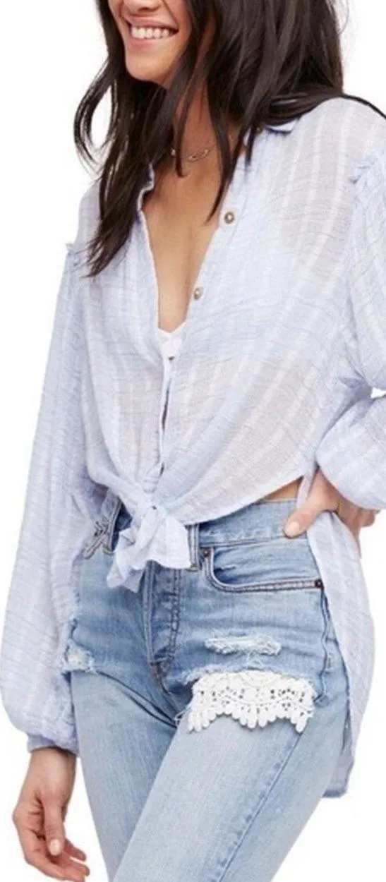 Headed To The Highlands Button Down Gauzy Long Sleeves Blue Blouse Size M - Image 2