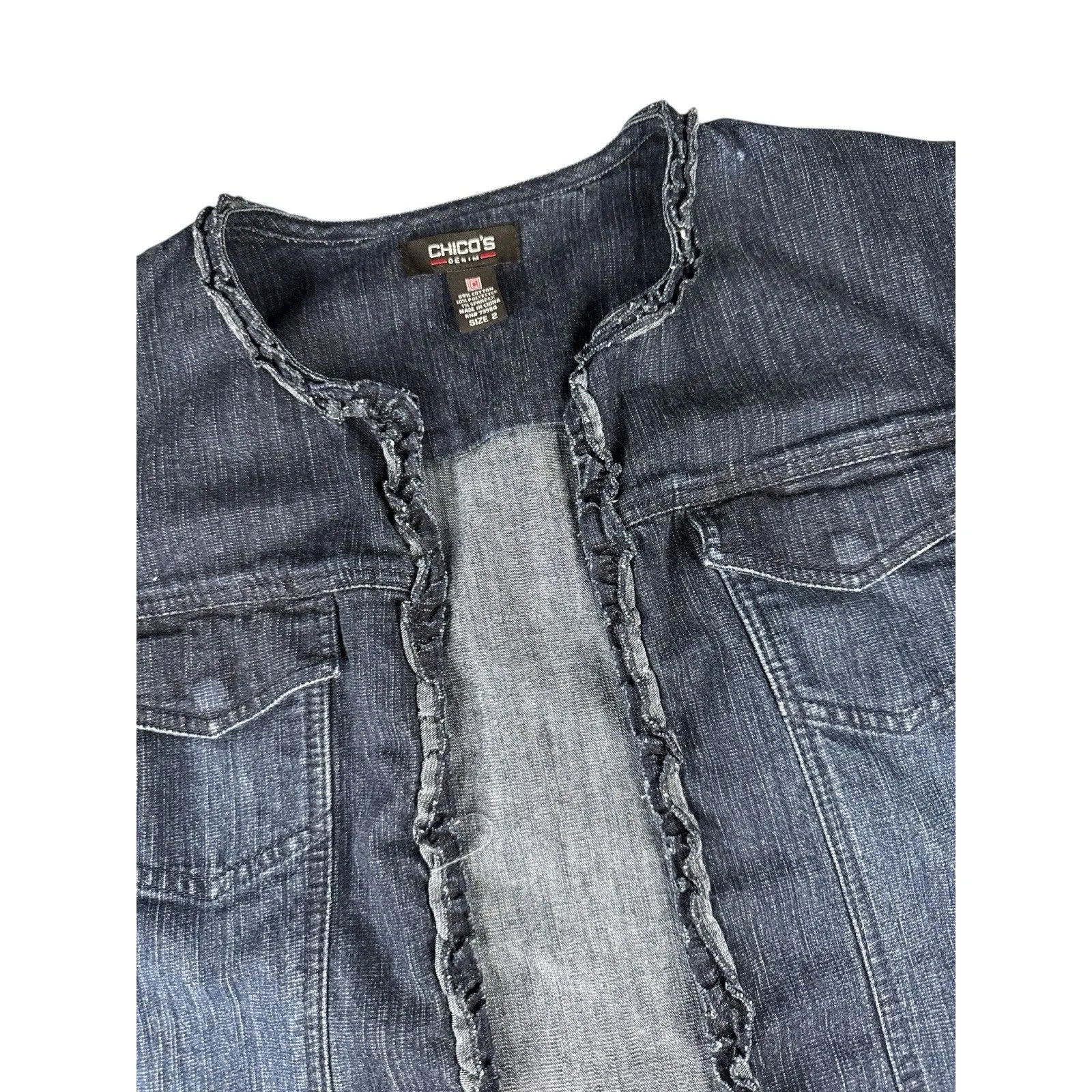 Chico’s Denim Jacket Size 2 Dark Wash Open Front Ruffle Trim Hem Casual Layering - Image 3