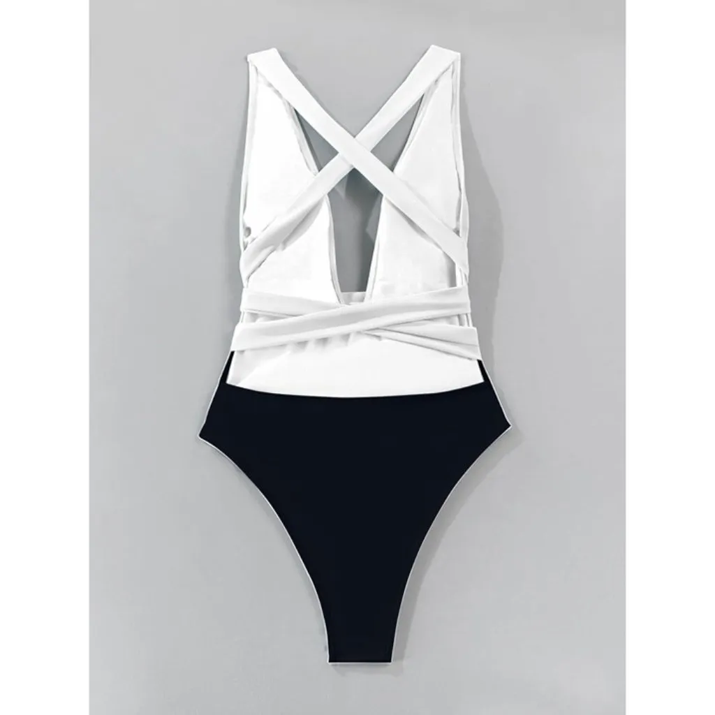 Sexy Black White Crisscross One Piece Cheeky Swimsuit Brazilian Multi Wear LARGE - Image 5