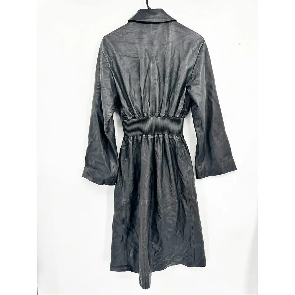 FRAME Pintucked Leather Dress Coat in Noir Black Zip Front Size S $2798 - Image 3