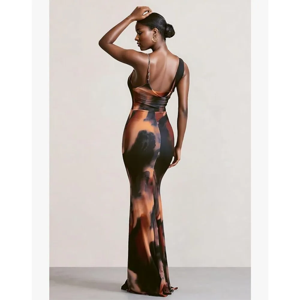 NEW Bodycon Asymmetric Cowl Neck Backless Slim Maxi Dress M Orange Size M - Image 2