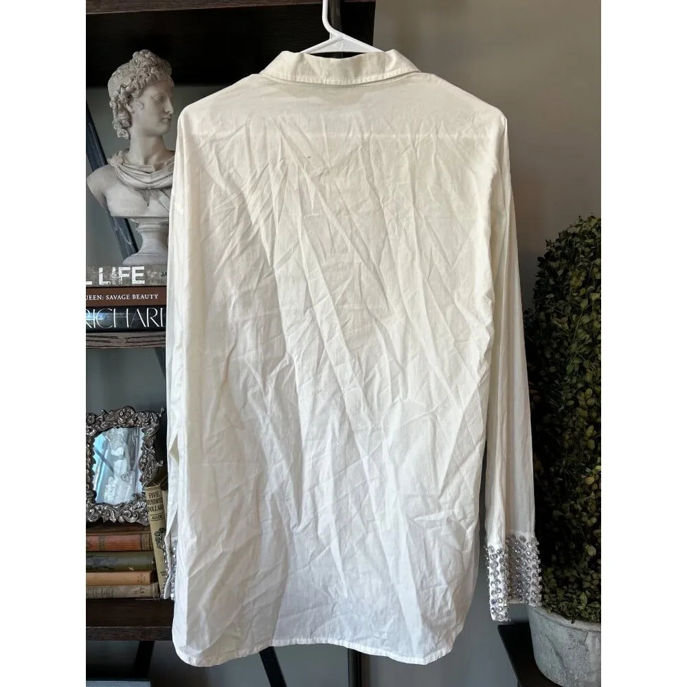 Retrofête Retrofete Katie Rhinestone Cuff Button Down Top White Silver Womens Size Small - Image 11