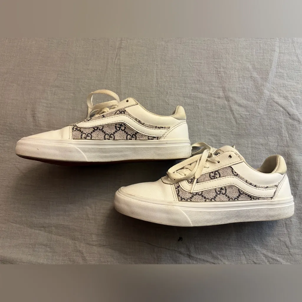 Vans White Old Skool x Authentic GG Fabric Custom Handmade Shoes - Image 3
