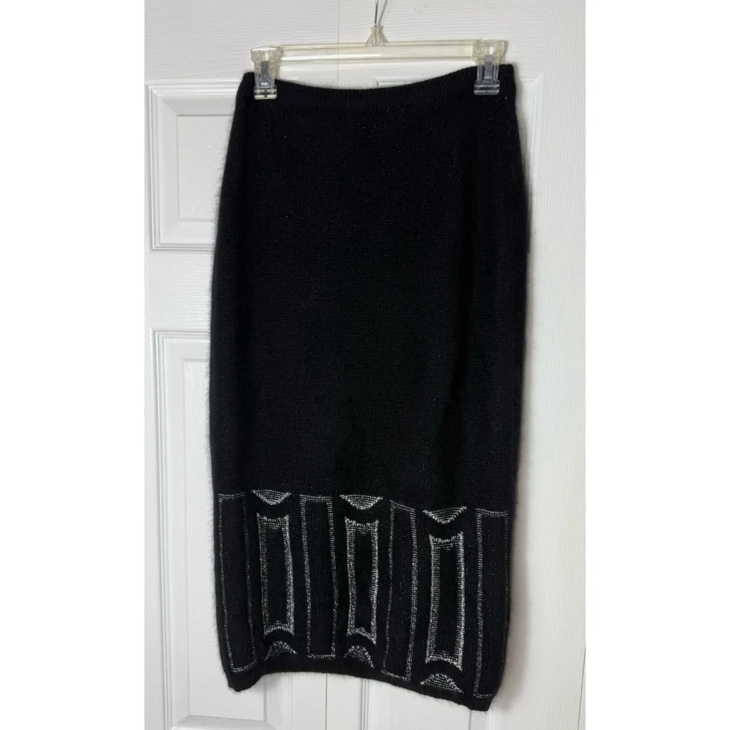 EREZ Black Silver Angora Rabbit Fur Lambswool Knit Midi Skirt Size Medium - Image 5