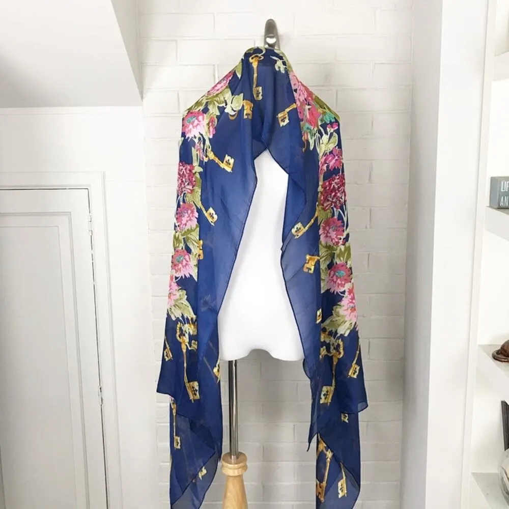 Silk Blend Key and Floral Print Oversized Scarf / Wrap Blue - Image 2