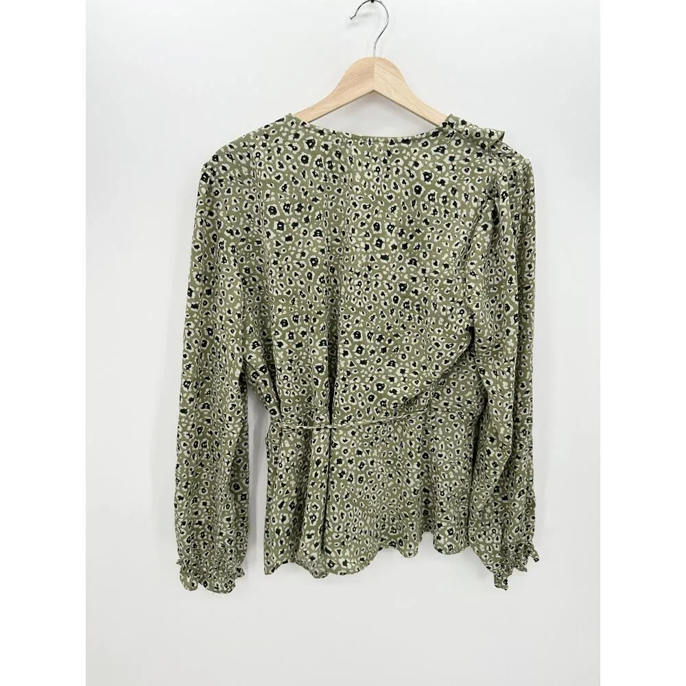 Ophelia Roe Blouse Women Large Green Polka Dot Wrap Front Ruffle Long Sleeve - Image 2