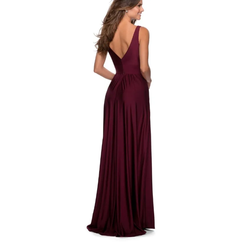 La Femme Plunge Neck A-Line Gown 2 Burgundy‎ 28547 Jersey - Image 2