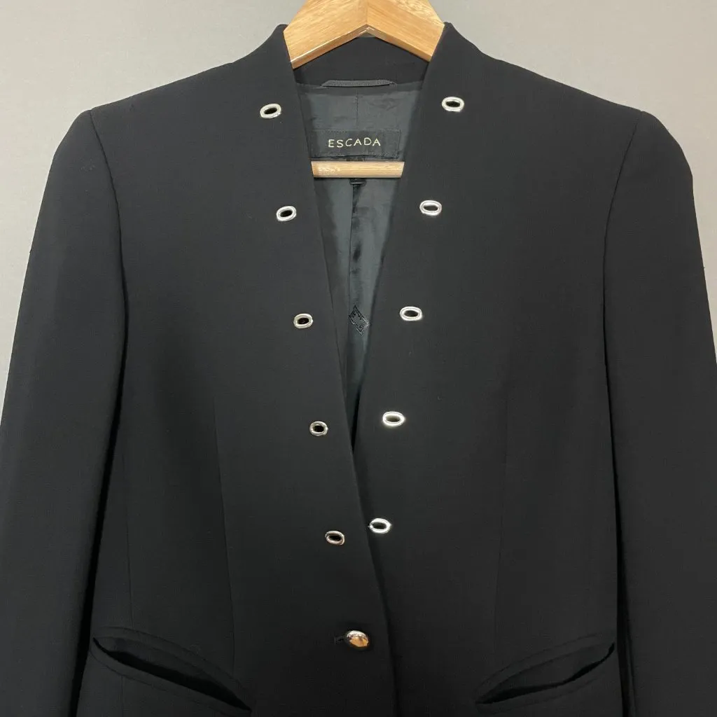 Escada Wool Blazer Jacket German Design Size 34 Grommet‎ Detail MISSING BUTTON Black - Image 3