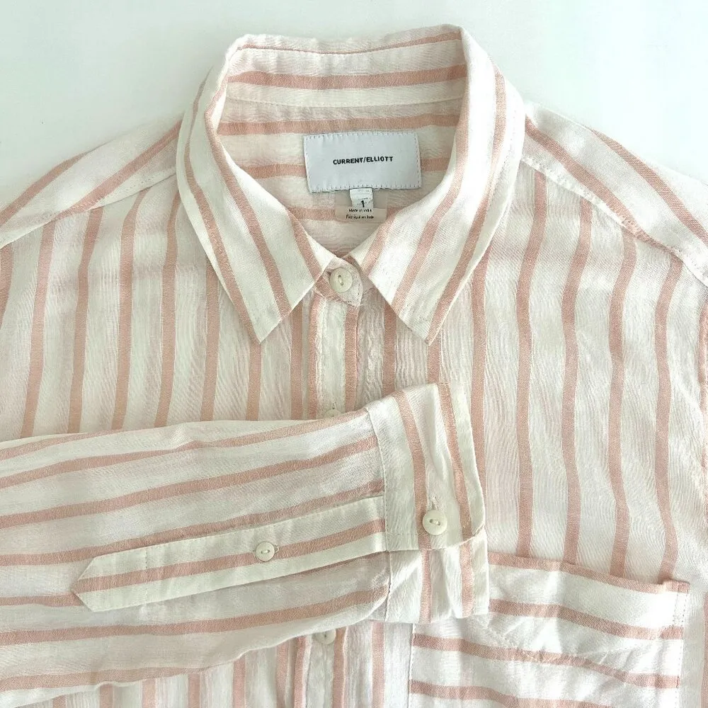 Current Elliott The Candid Button Down Shirt in Sheer Cotton Cream Peach Size S - Image 6