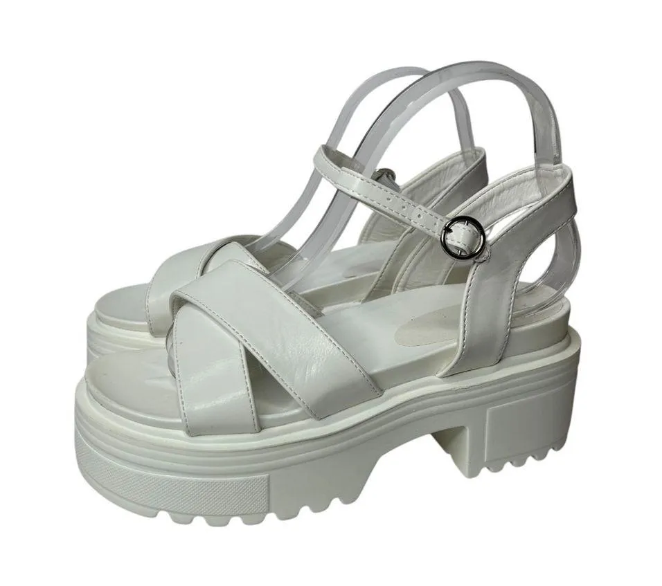 New Faux Leather Chunky white Platform Sandals 8 Ankle crossover Strap - Image 9
