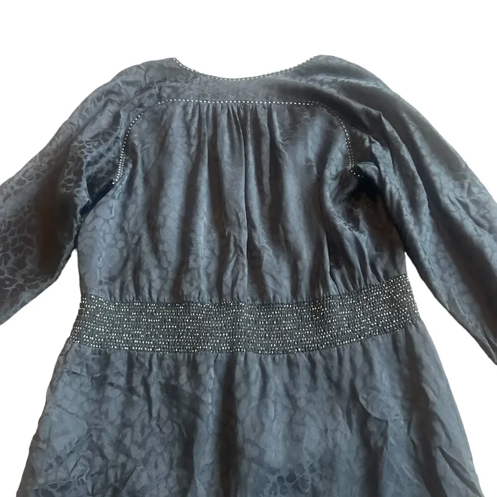 Rebecca Taylor Black Leopard Print Silk Dress Flowy Stretch Waist Size 6 Women's - Image 8