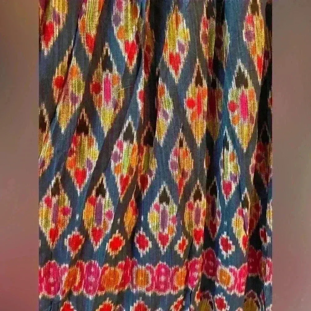 Boho/Hippie style, Ikat pattern, multicolor maxi skirt with elastic waist; S Blue - Image 4