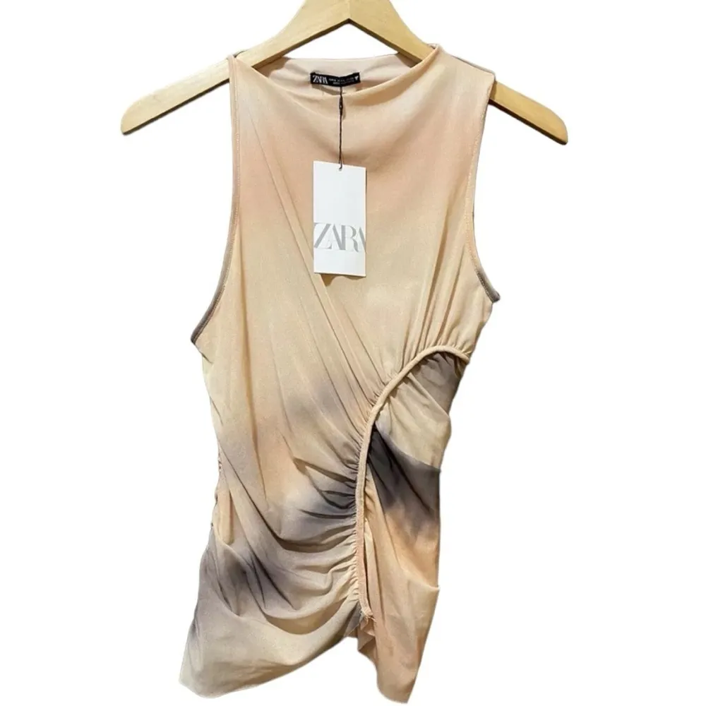 ZARA Women Sleeveless Asymmetrical Ruched Mesh Top Size S Peach/Black Dyed M - Image 3
