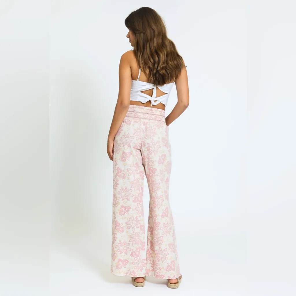 Rewash Light Pink Floral Smocked Waist Wide Leg Pants Size Small - Image 3