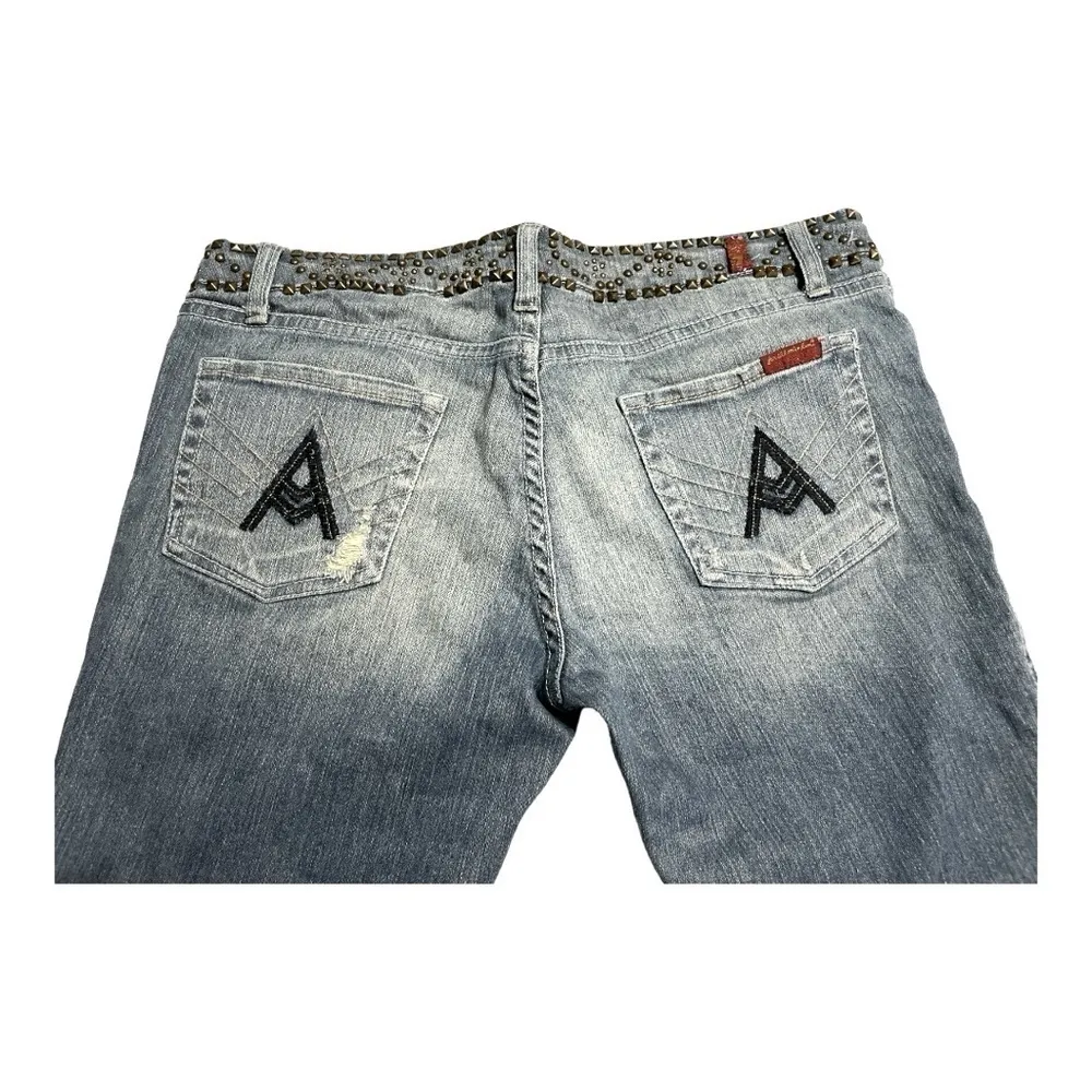 7 For All Mankind Flare Sz 28 Blue Studded Waist Distressed dark Havana jeans - Image 5