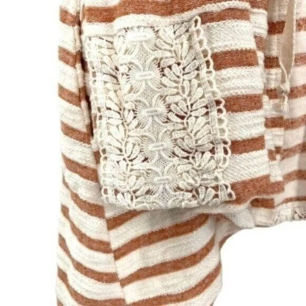 Entro Striped Crochet Lace Hooded Cardigan Sweater - Image 6