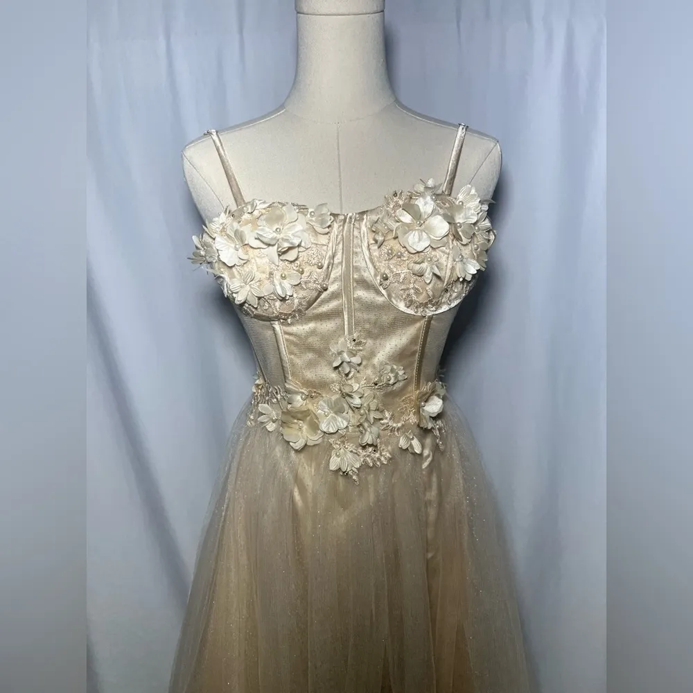 Lavetir Champagne 3D Floral Corset Top Dress | S NWT Gold - Image 11